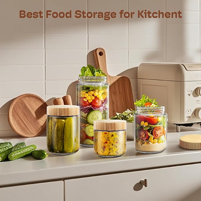 6 Pack 16oz Overnight Oats Containers with Bamboo Lids, Glass Jars with Airtight Lids for Meal Prep, Wide Mouth Mason Salad Jars, Glass Food Storage Container for Yogurt Chia Snacks Spice Sugar