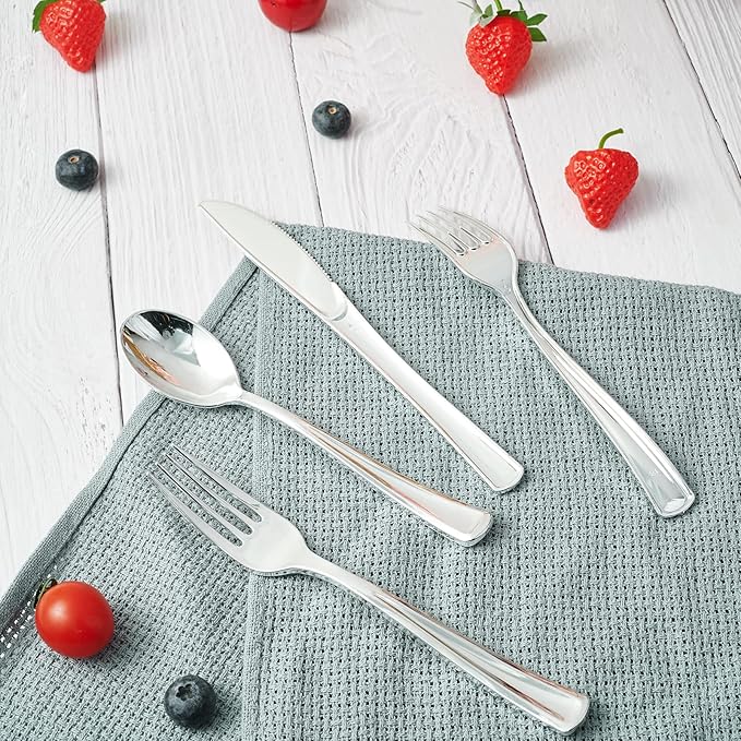 FOCUSLINE 300 Pack 6.8" Disposable Silver Plastic Spoons, Solid and Durable Plastic Cutlery Spoons, Heavy Duty Disposable Utensil Silverware for Catering, Parties, Dinners, Weddings