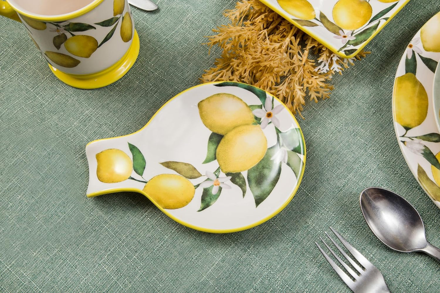 Bico Lemon Dreams Spoon Rest for Stove Top, Ceramic Spoon Holder for Kitchen Counter, Easy to Clean Coffee Spoon Rest Dishwasher Safe, Kitchen Cooking Utensil Rest for Ladles Spatula