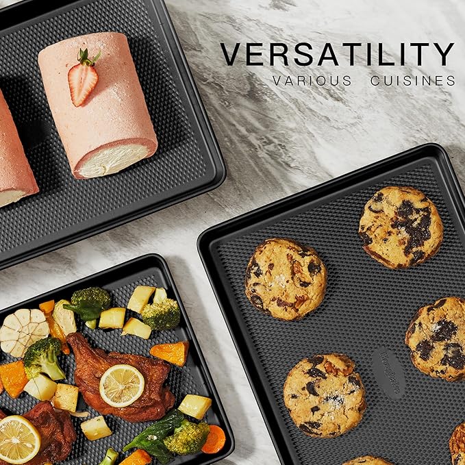 HONGBAKE 2 Pack Half Sheet Pan Set, 1/2 Cookie Sheets for Baking with Diamond Texture, 17.5" x 12" Large Baking Sheets Non Stick, Non Toxic Oven Trays for Cooking, 57% Thicker Carbon Steel, Dark Gray