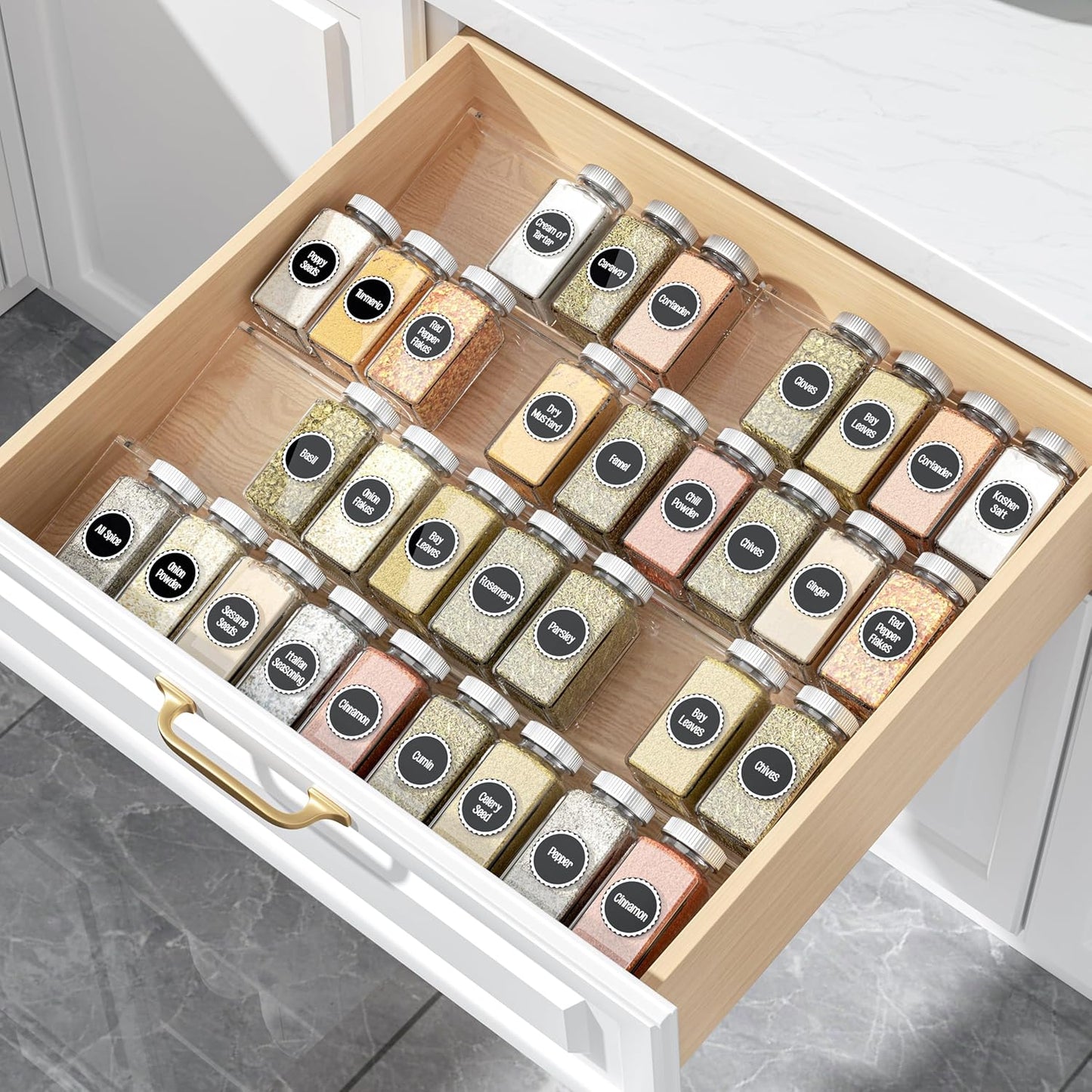 MIUKAA Clear Acrylic Spice Drawer Organizer, 4 Tier- 2 Set Expandable From 9" to 18" Seasoning Jars Drawers Insert, Kitchen Spice Rack Tray for Drawer/Countertop (Jars not included)