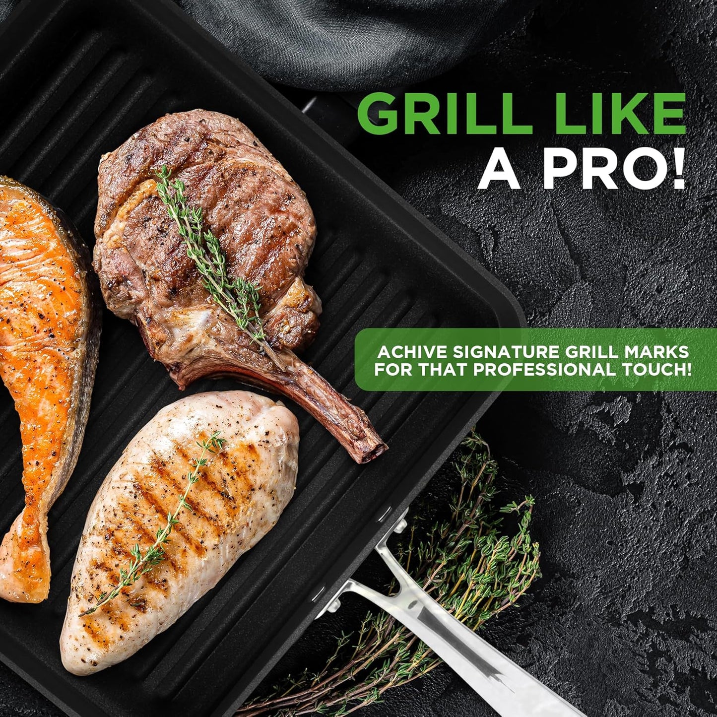 NutriChef 11" Square Grill Pan Non Stick - High Ridges, Hard-Anodized, Stove Top Griddle, Strong Handles, Dishwasher Safe