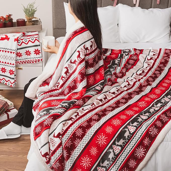 PAVILIA Premium Christmas Sherpa Throw Blanket | Christmas Decoration Reindeers, Fleece, Plush, Warm, Cozy Reversible Microfiber Holiday Blanket 50 x 60