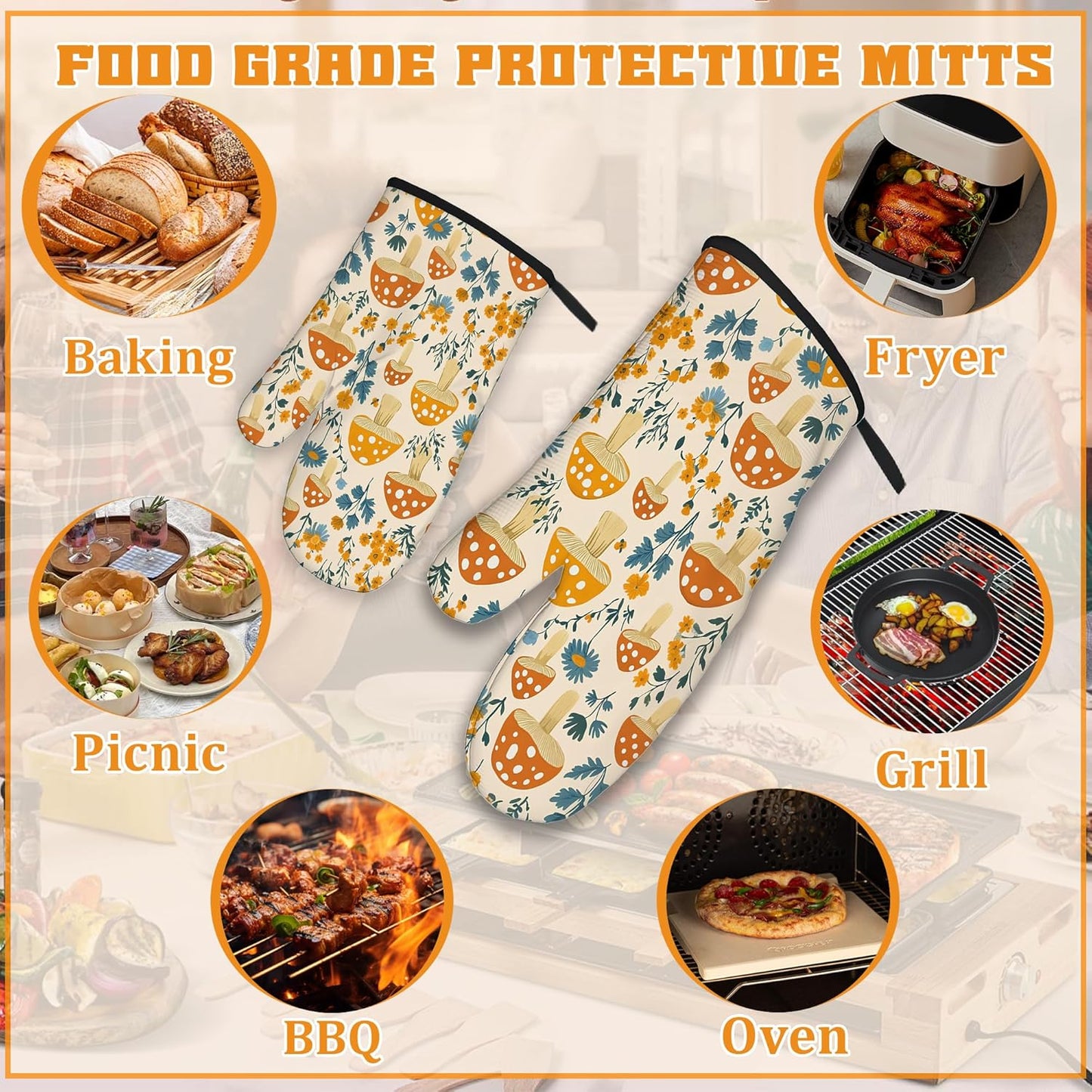 Cute Mushroom Forest Oven Mitts and Pot Holders,Floral Flower Heat Resistant Oven Mitts Gloves and Pot Holder for Home Kitchen Decorations Cooking Baking BBQ Gifts,Set of 4