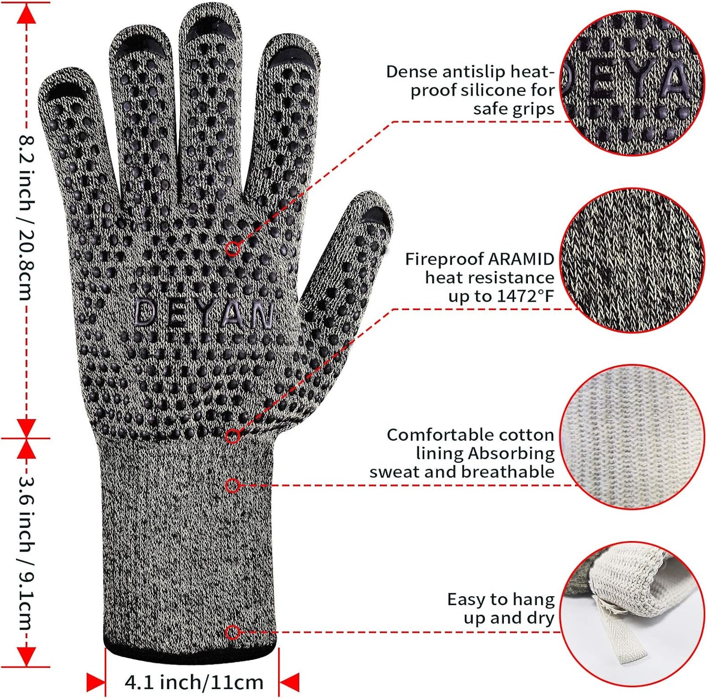 BBQ Grill Gloves, 1472℉ Heat Resistant Oven Gloves, High Temp Resistance Fireproof Glove, Kitchen Hotproof Cooking Mitts for Grilling, Smoking, Baking, Frying