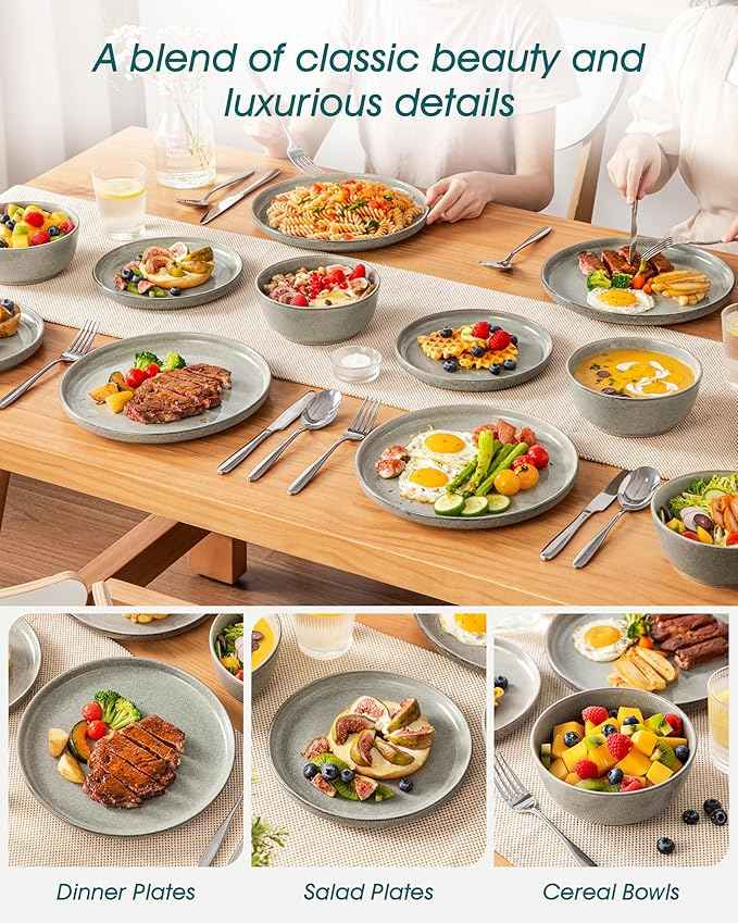 vancasso ANYA 24 Pieces Plates and Bowls Set, Stone Grey Dinnerware Sets, Reactive Glaze Dishes Set for 8, Ceramic Dishware Sets Kitchen Dinner Set, Microwave & Dishwasher Safe