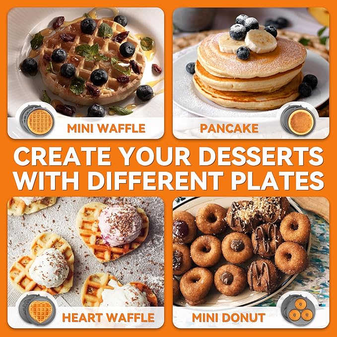 Baker's Friend 4 in 1 Mini Waffle Maker with Removable Plates, Set Includes Mini Pancake, Donut, Heart Shape Waffle Makers, Compact Size, Recipe Included, Red