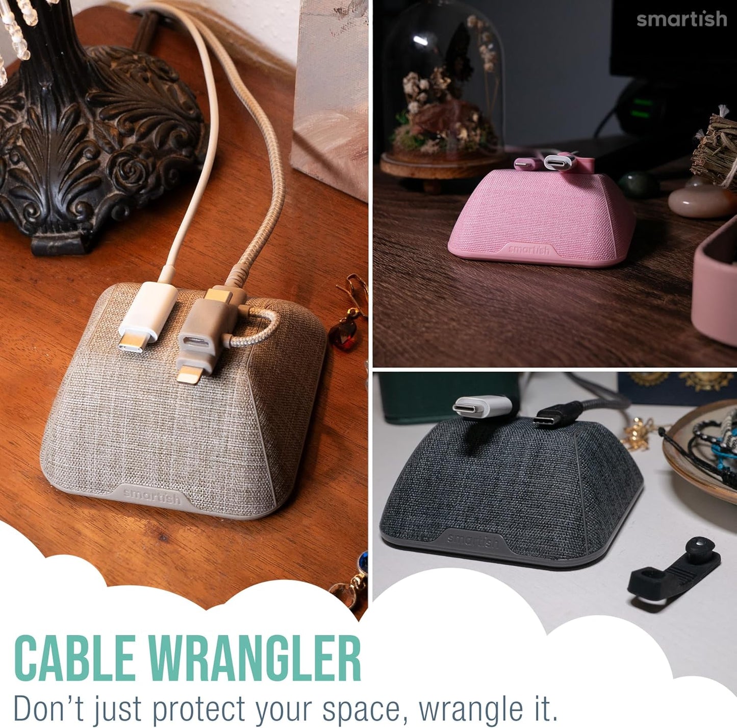 Smartish® Magnetic Cord Holder - Cable Wrangler Organizer with Magnet Clips for Charger Management on Desktop, Nightstand, or Side Table for All Cables, USB-C, Lightning Cables - Lightly Toasted Beige