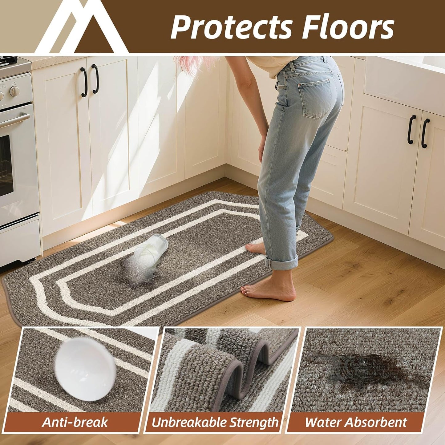 COSY HOMEER Long Kitchen Floor Mats for in Front of Sink Super Absorbent Kitchen Rugs and Mats 24"x79" Non-Skid Kitchen Mat Standing Mat Washable,Polypropylene,Brown,Frame