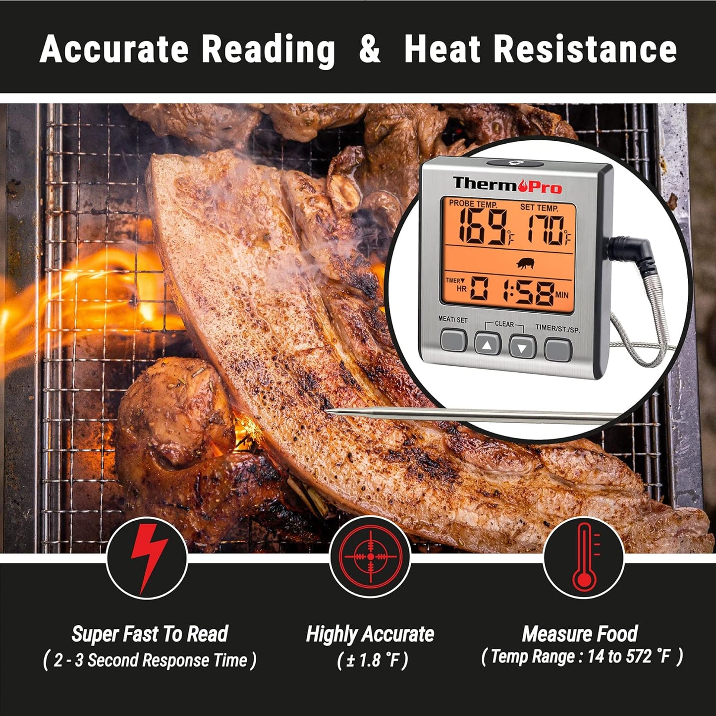 ThermoPro TP16S Digital Meat Thermometer for Cooking and Grilling, BBQ Food Thermometer with Backlight and Kitchen Timer, Grill Temperature Probe Thermometer for Smoker, Barbecue, Oven, Baking,Oil