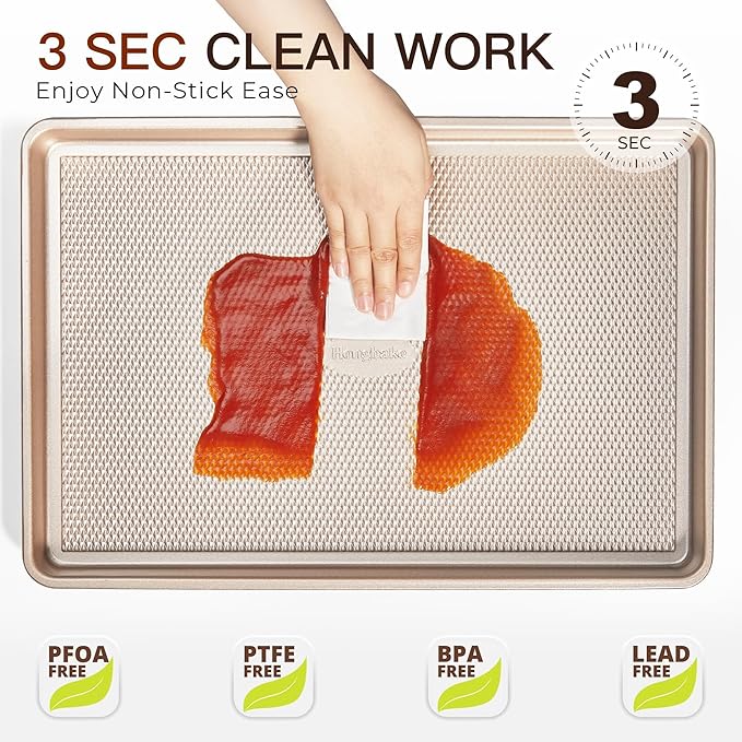 HONGBAKE 3 Pack Gold Nonstick Baking Sheet Pan Set with Oven Mitts Heat Resistant, Non-Toxic Half/Quarter/Jelly Roll Pans with Diamond Texture Pattern, Heavy Duty 0.8mm Thick Cookie Trays for Cooking