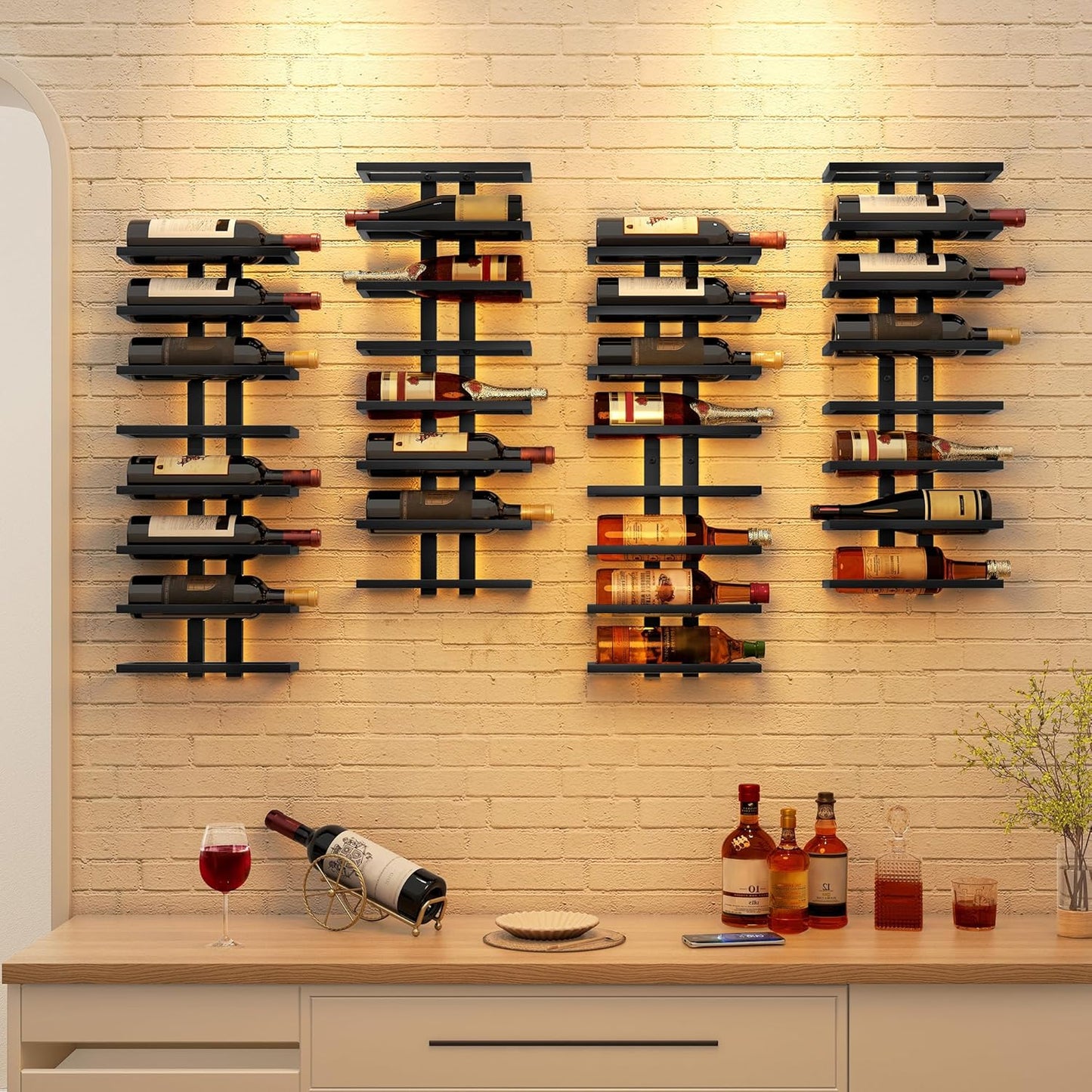 Hoctieon 2-Set 8 Tier Wall Mount Wine Rack (16 Tiers), Wall Racks for Wine Bottles Display and Storage, Hanging Bottle Organizer for Living Room, Dining Room, Wine Cellar, Bar, Black