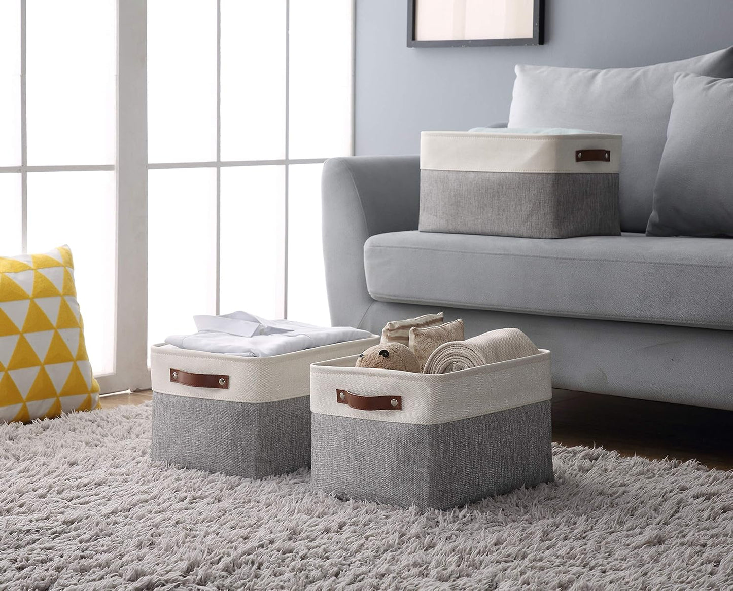 DECOMOMO Storage Baskets for Shelves - Fabric Storage Bins, Linen Closet Organizers and Storage (Grey & White, XL - 4 Pack)