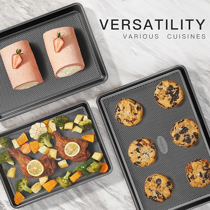 Cookie Sheets for Baking Nonstick - HONGBAKE Baking Sheet Pan Set of 3, Half/Quarter/Jelly Roll Pan for Oven with Diamond Texture Pattern, 57% Thicker Carbon Steel Cookie Trays, Dark Grey