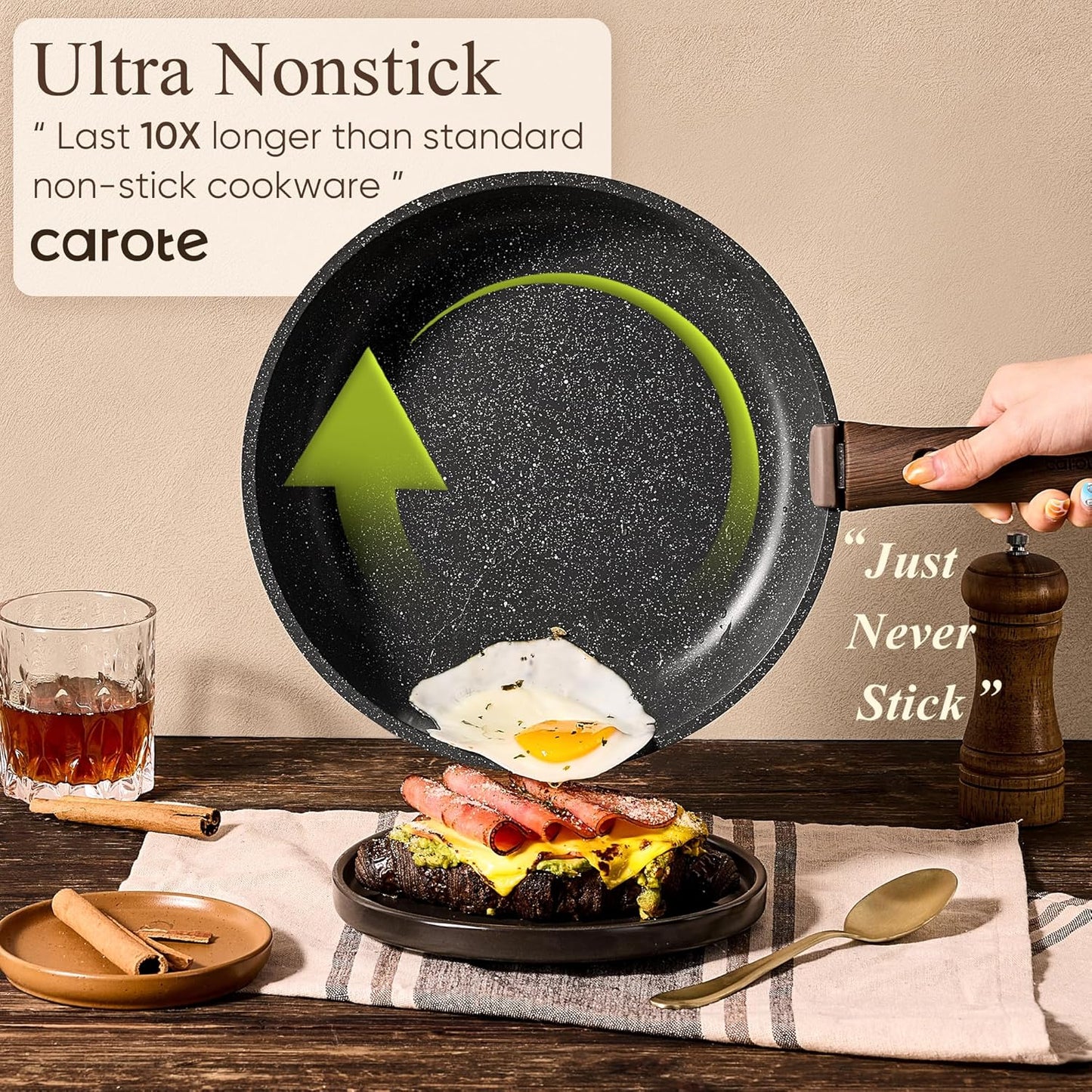 CAROTE 17pcs Pots and Pans Non Stick, Cookware Sets Detachable Handle, Induction Kitchen Pots and Pans,NonStick Cooking Set, Oven/Dishwasher/Fridge Safe, Space Saving