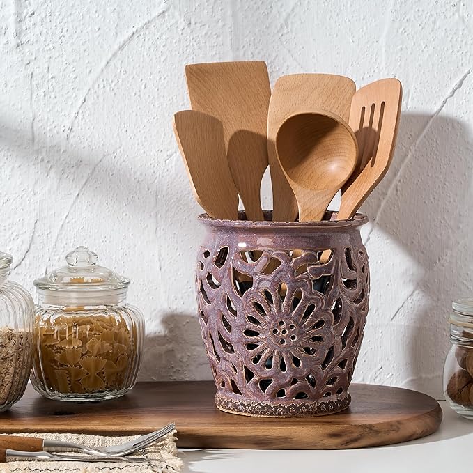 Farmhouse Kitchen Utensil Holder for Kitchen Counter, Ceramic Large Cooking Utensil Crock with Cork Mat, Decorative Rustic Utensil Organizer for Countertop, Spatula, Antique Purple