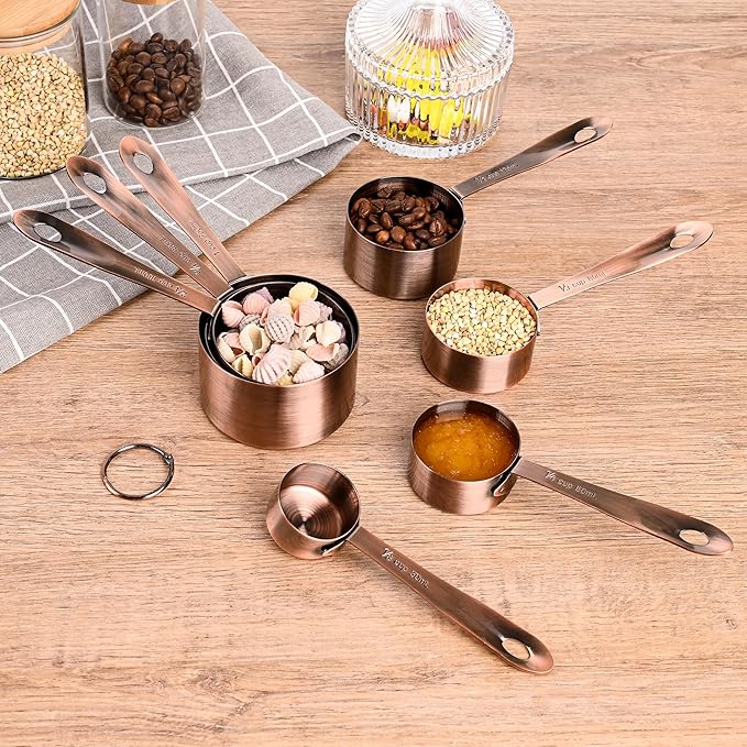 Measuring Cups and Spoons Set, Copper Measuring Cups and Spoons Set 17, Stainless Steel Metal 7 Measuring Cups and 9 Measuring Spoons with 1 Leveler for Kitchen & Baking