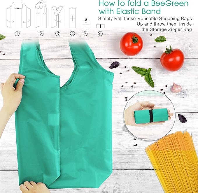 BeeGreen Reusable-Grocery-Bags-Foldable-Machine-Washable-Reusable-Shopping-Bags-Bulk Colorful 10 Pack 50LBS Extra Large Folding Reusable Bags Totes w Zipper Storage Pouch Lightweight Polyester Fabric
