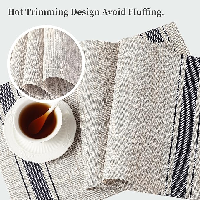 Leetaltree Khaki-Blue Placemats, Heat Resistant Non-Slip Place mats for Dining Table, Washable Durable PVC Vinyl Woven Table Mats (Set of 6)