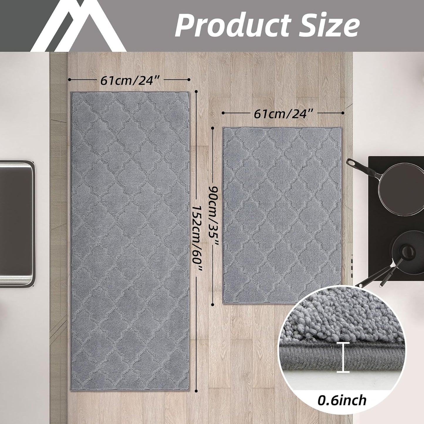 COSY HOMEER Soft Kitchen Rugs [2 PCS] for in Front of Sink Super Absorbent Kitchen Floor Mats and Mats 24x35 Inch/24X60 Non-Skid Kitchen Mat Standing Mat Washable,Polyester,Grey