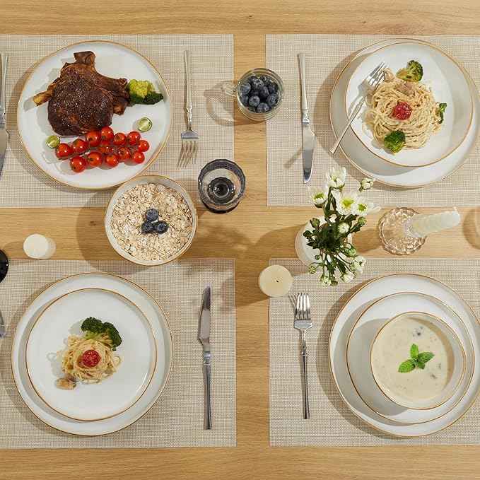 18 Piece White Reactive Glaze Dinnerware Set for 6, Irregular Coastal Shape Stoneware | Elegant & Minimal Design for Daily Family Dinners or Weekend Guests