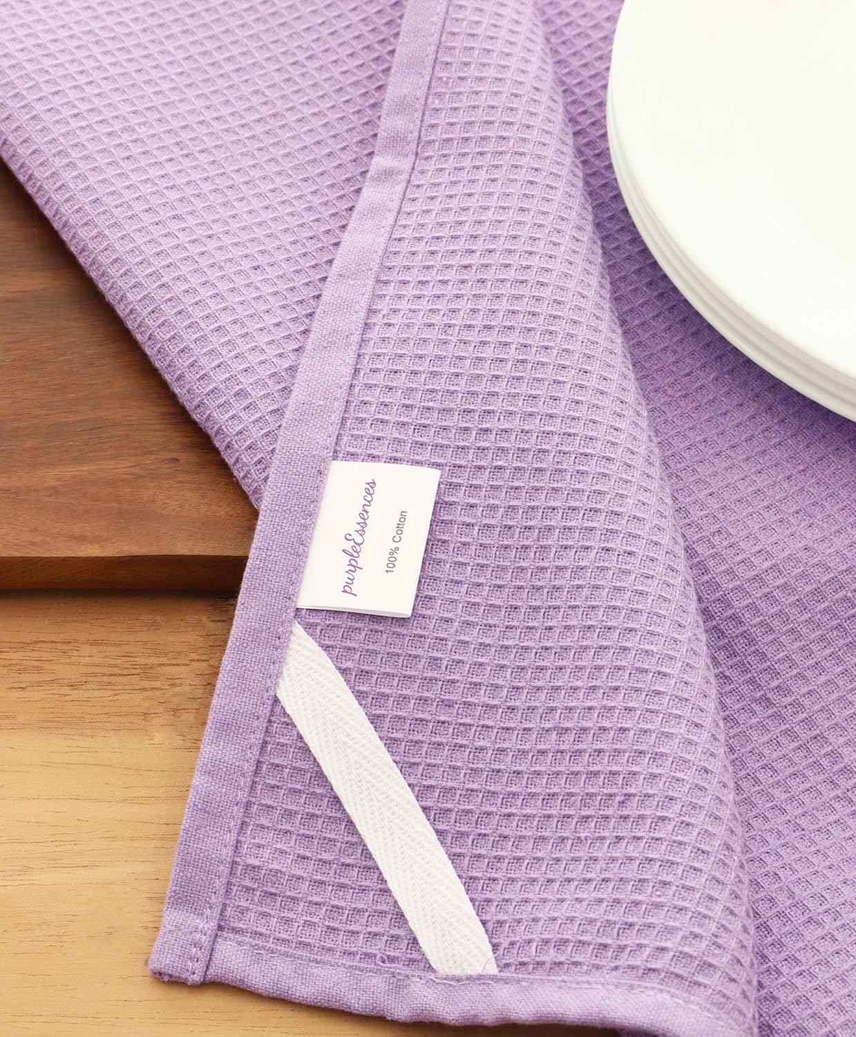 PurpleEssences Waffle Weave Kitchen Towel, 100% Cotton - 15 x 25 Inches, with Hanging Loop Ultra Soft Absorbent Quick Drying Dish Cloth, Tea and Hand Towels, 4 Pack - Spring Summer - Lavender