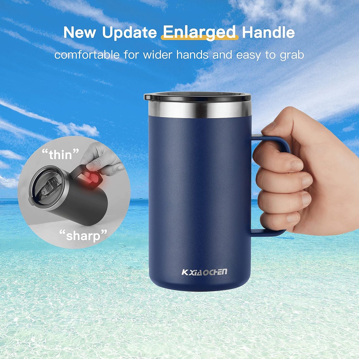 KXIAOCHEN 20oz Insulated Coffee Mug with Lid, Stainless Steel Coffee Cup, Double Wall Vacuum Coffee Tumbler with Handle, Premium Thermal Travel Coffee Mug (Pink Navy 2Pack)