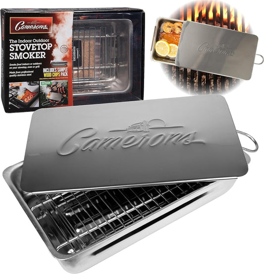 Camerons Indoor Outdoor Stovetop Smoker - Stainless Steel Barbecue Smoker Box w/Oak Wood Chips & Recipes - Works On Any Heat Source, Stovetop or BBQ Grill for Smoking Meats - Grilling Gift for Men