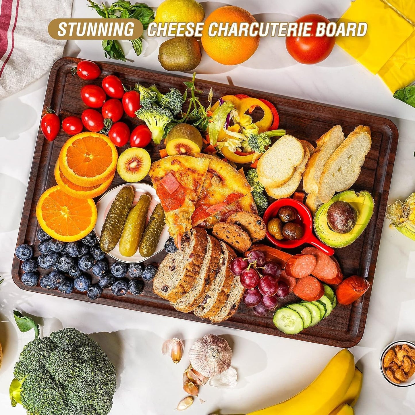 AZRHOM Large Walnut Wood Cutting Board for Kitchen 18x12 (Gift Box) with Juice Groove Handles Non-slip Mats Thick Reversible Butcher Block Chopping Board Cheese Charcuterie Boardrd