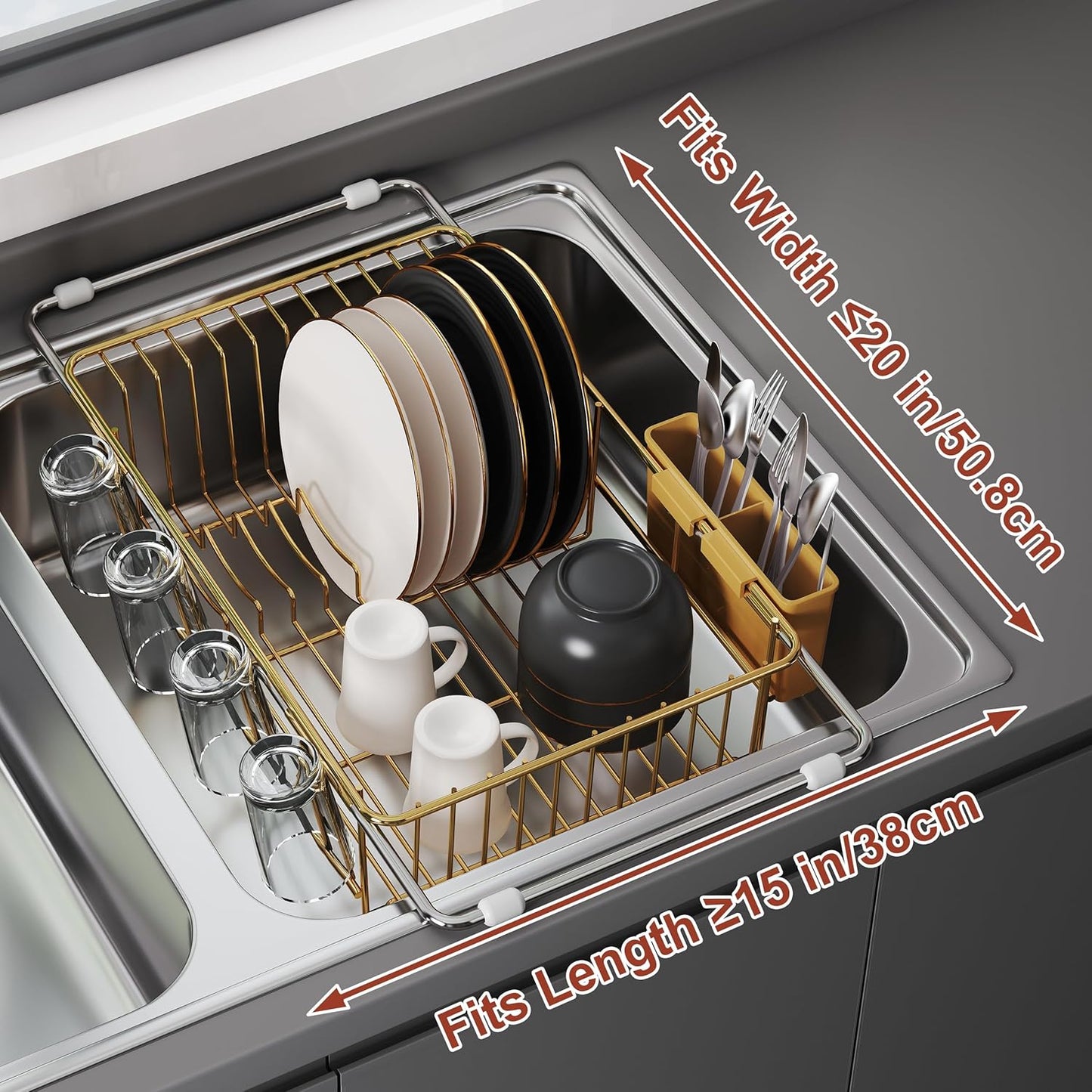 JASIWAY Sink Dish Drying Rack, Expandable Stainless Steel Dish Rack Over Sink, Kitchen Sink Drain Strainer with Cutlery Holder & Cup Holders, Space Saving Plates Dryer Rack, Gold