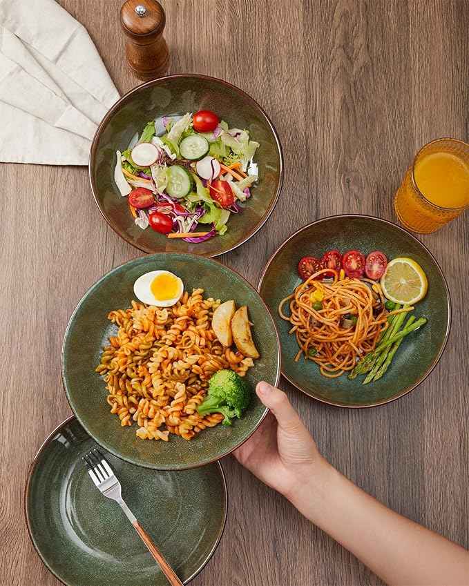 12 Piece Dinnerware Sets with Pasta Bowls, Stain Resistant Dish Set, Easy Cleaning Dishes, Multi-Functional Plate and Bowl Set, Stack Compactly Plates, Service for 4 Sage Green