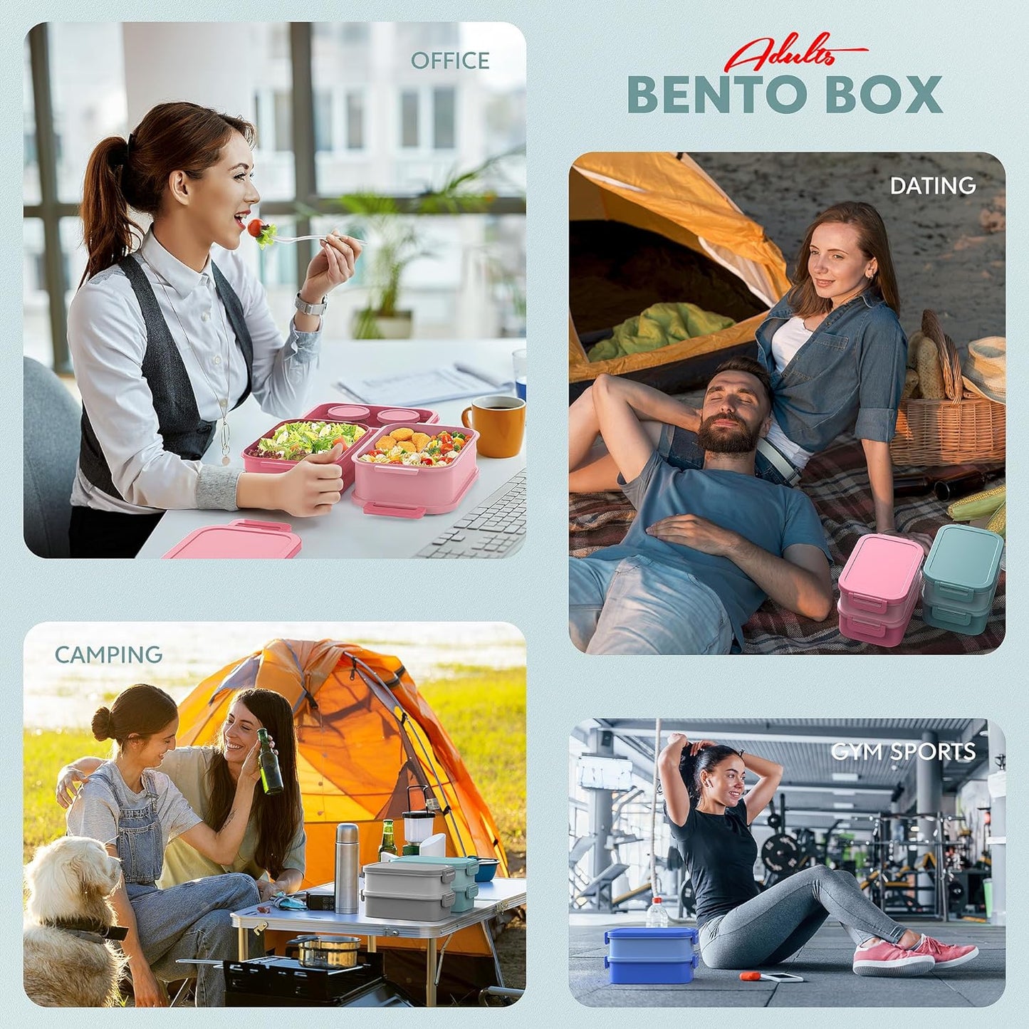 Jelife Bento Box Adult Lunch Box - 72oz Stackable Bento Lunch Box for Adults, 3 Layers All-in-One Large Bento Box Leak-Proof Lunchbox with Utensil Sauce Dressing Containers for Dining Out,Work, Green