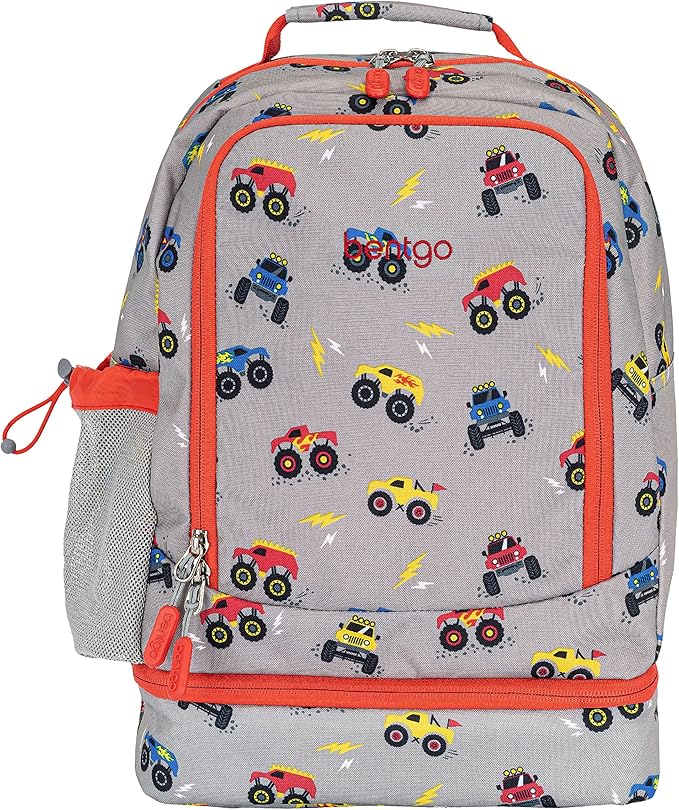 Bentgo Kids 2-in-1 Backpack & Insulated Lunch Bag - Durable 16” Backpack & Lunch Container in Unique Prints for School & Travel - Water Resistant, Padded & Large Compartments (Trucks)
