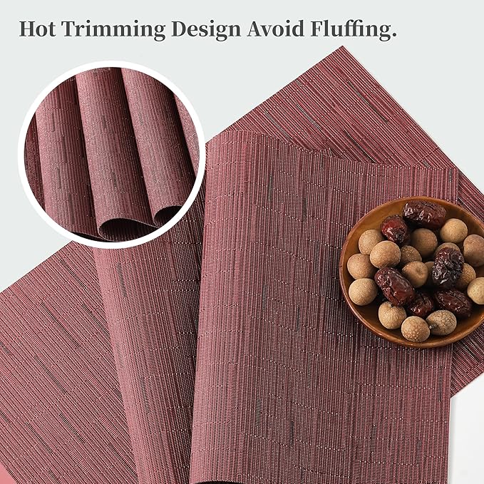 Leetaltree Burgundy Placemats Set of 8 - Heat Resistant Non-Slip Place mats for Dining Table, Washable Durable PVC Vinyl Woven Table Mats（Burgundy, 8）